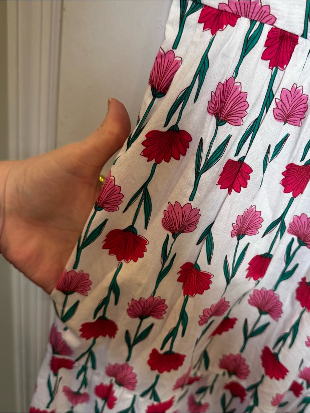 J.Crew Floral Puff Sleeve Midi Dress Size 8 White Pink Cotton Tiered Pockets - Picture 4 of 12
